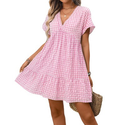 BLUEMING Womens Plaid Mini Babydoll Dress Ruffle Short Sleeve Deep V Neck Flowy Going Out Vacation Outfits
, Pink - M | Target