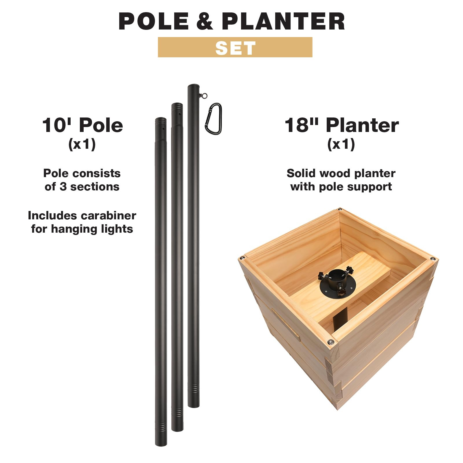 Excello Global Products Wooden Planter Box Set with 10' String Light Pole - 18”x18”, Ready to... | Amazon (US)