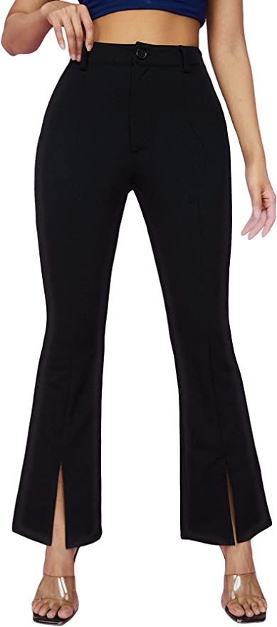 WDIRARA Women's Split Front Elastic High Waist Elegant Flare Leg Long Pants | Amazon (US)