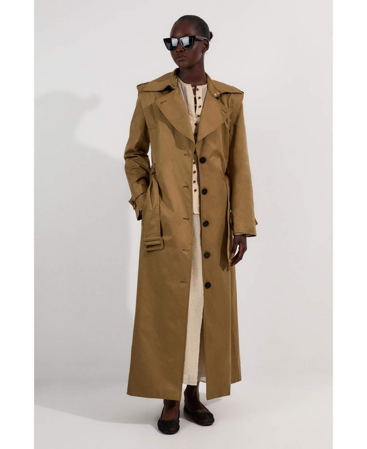 Karen Millen Women's Strong Shoulder Belted Maxi Trench Coat - Olive | Macy's