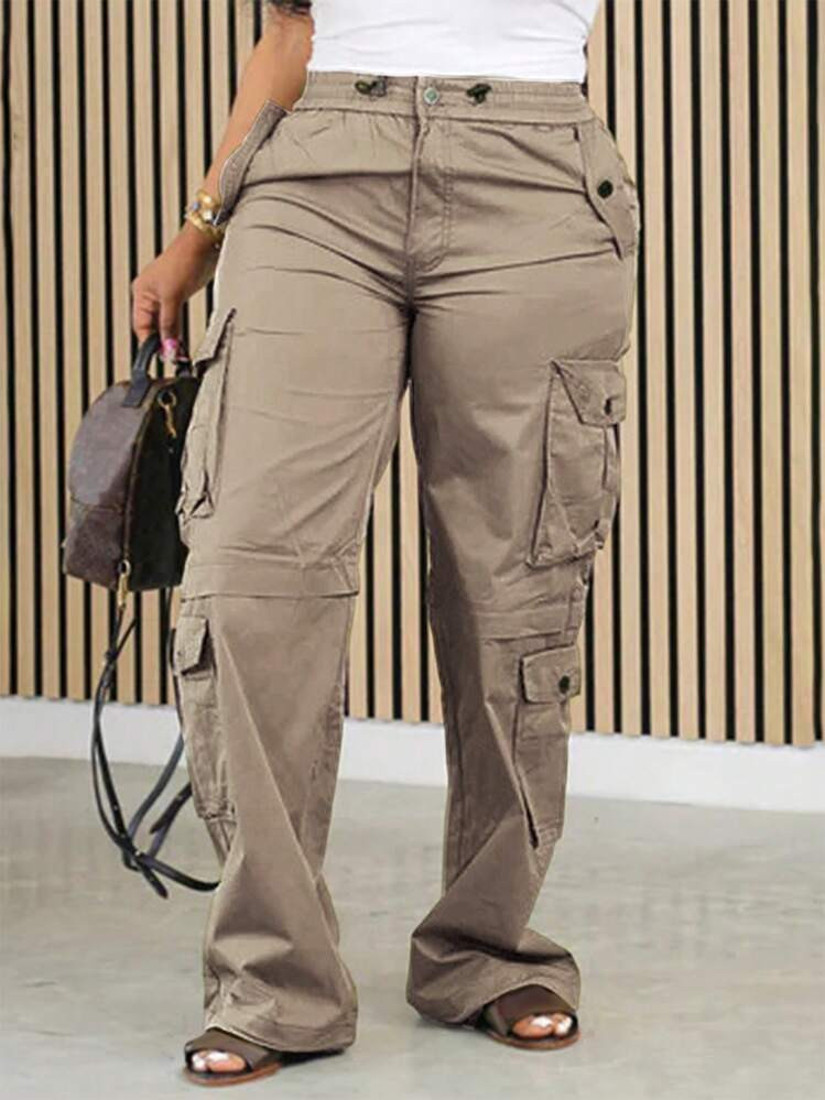 Plus Size Women's Solid Color Straight Leg Casual Cargo Pants | SHEIN