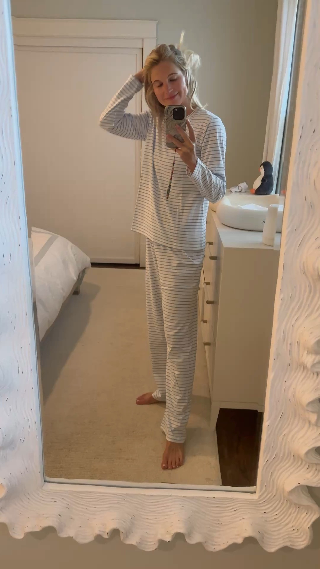 Classic audio in the background “cooper I don’t know where your mommy is”

Mommy is enjoying her new lake pjs !! I’ve always worn pretty much exclusively lake pajama and it’s nice to refresh my pajama collection every once in a while. This is the long long Pima in a medium. I’m a sm/medium but always do medium in lake . Would make a great gift for her ! Also very cool for summer nights 

Summer pajamas , pajama refresh, lake pajamas, striped pajamas , bridesmaid pajamas