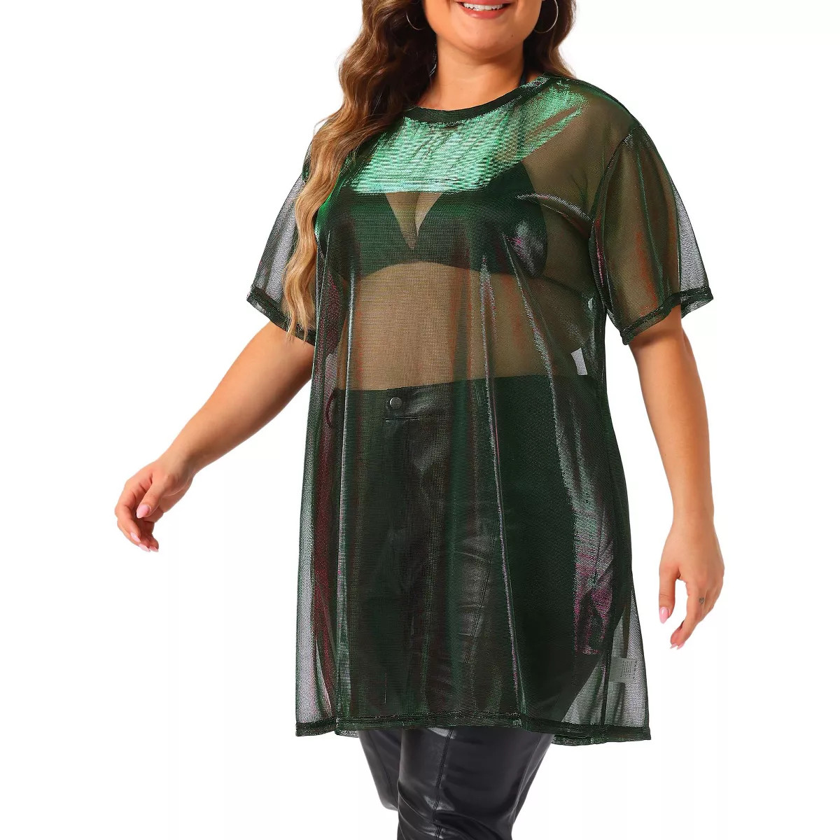 Agnes Orinda Women's Plus Size Shiny Sheer Mesh Holographic Short Sleeve Party Tunic T-shirts | Target