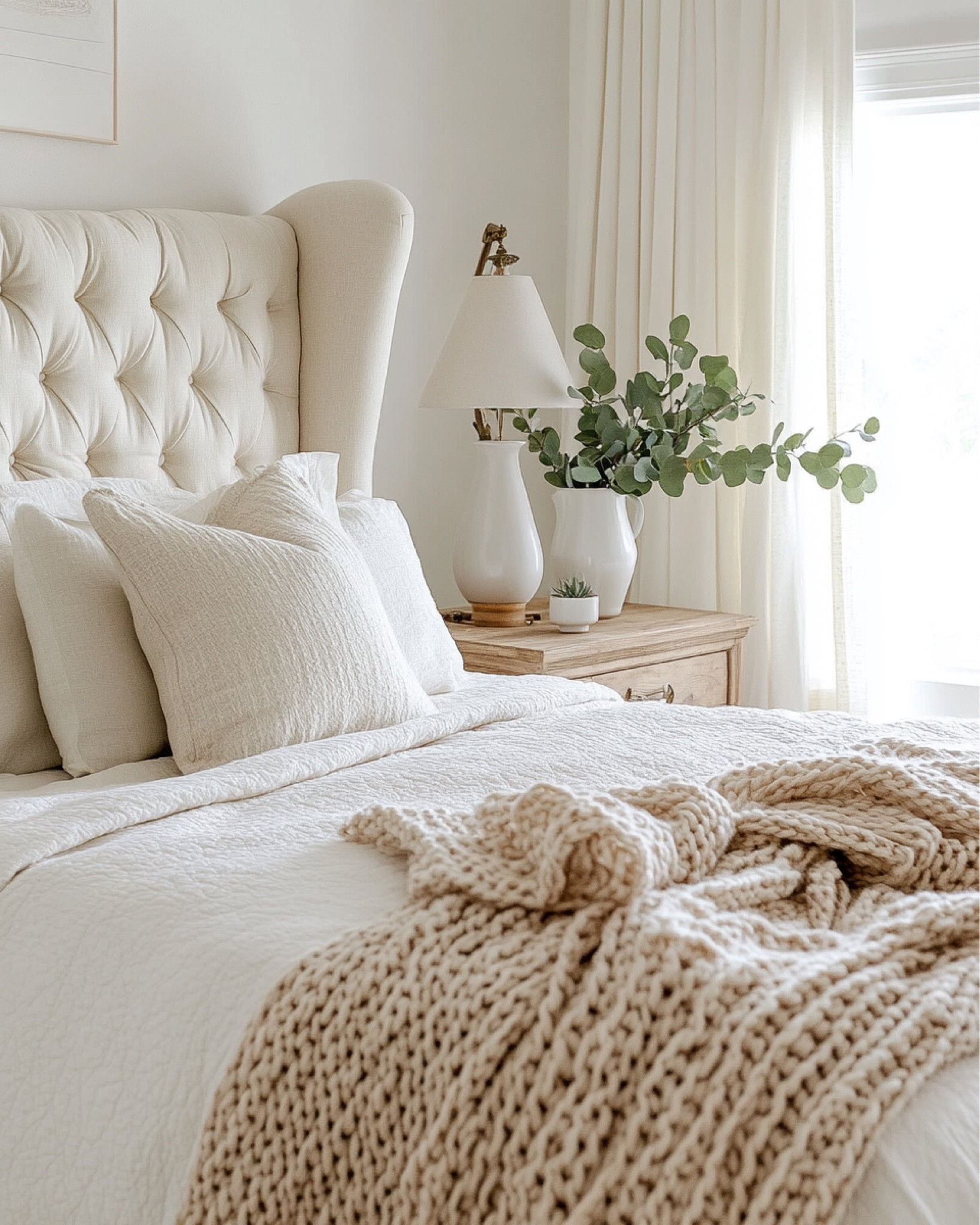 the bed frame that changed my entire bedroom 🤍
cream tufted wingback headboard, chunky knit throw, linen duvet, pitcher vase, eucalyptus stems, ceramic lamp, jute rug — this is the bedroom refresh that makes the whole room feel intentional.
cozy neutral bedroom decor and bedroom inspo on a real budget.
Wayfair finds. Amazon home finds. Target finds. 🤍
