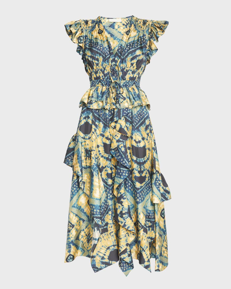 Ulla Johnson Avia Printed Silk Tiered Midi Dress | Neiman Marcus