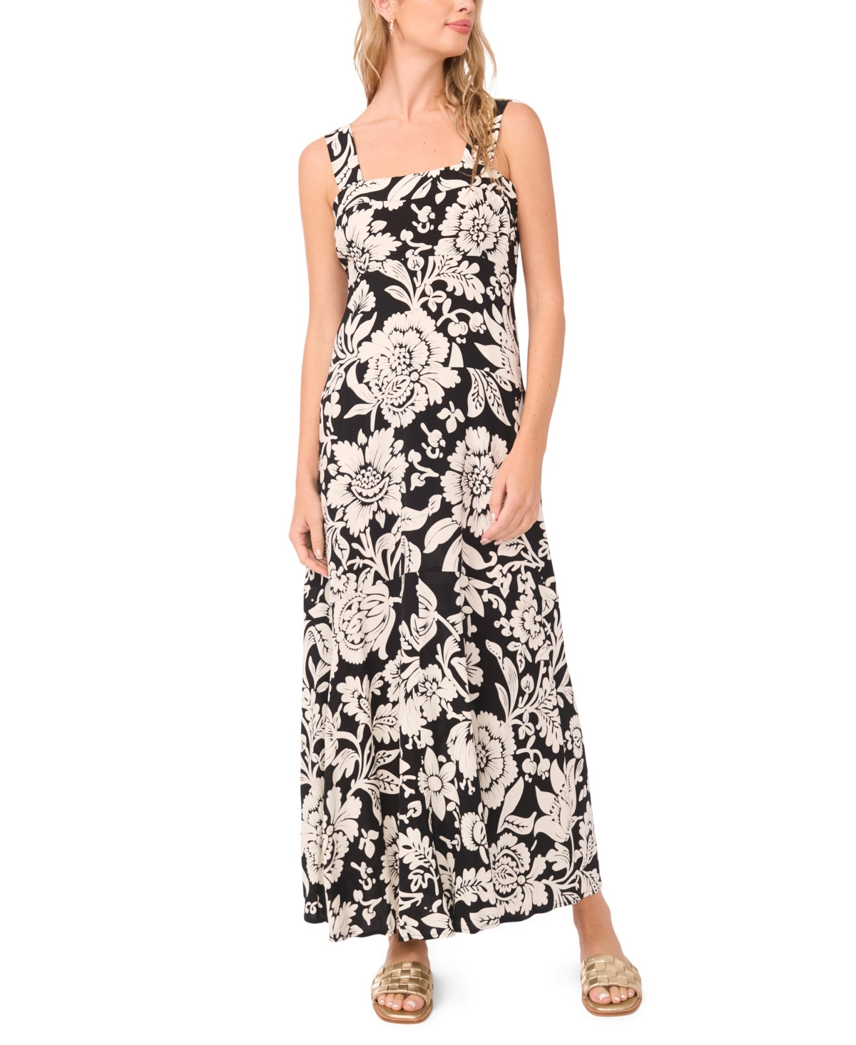 Vince Camuto Women's Floral Square-Neck Smocked-Back Sleeveless Maxi Dress - Rich Black | Macy's