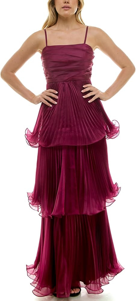 Taylor Women's Square Neck Spaghetti Strap All Over Pleated Tiered Ruched Bodice Gown | Amazon (US)