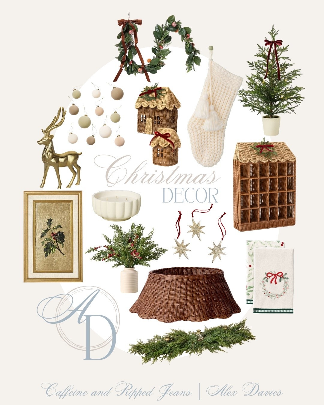 // Christmas home decor 🎄 // small Christmas tree for the porch // advent calendar // studio McGee home decor // Christmas home decor // velvet ornaments // knit stockings // cute scalloped tree skirt // gold deer decorative object // Christmas garland // Christmas tablescape //
