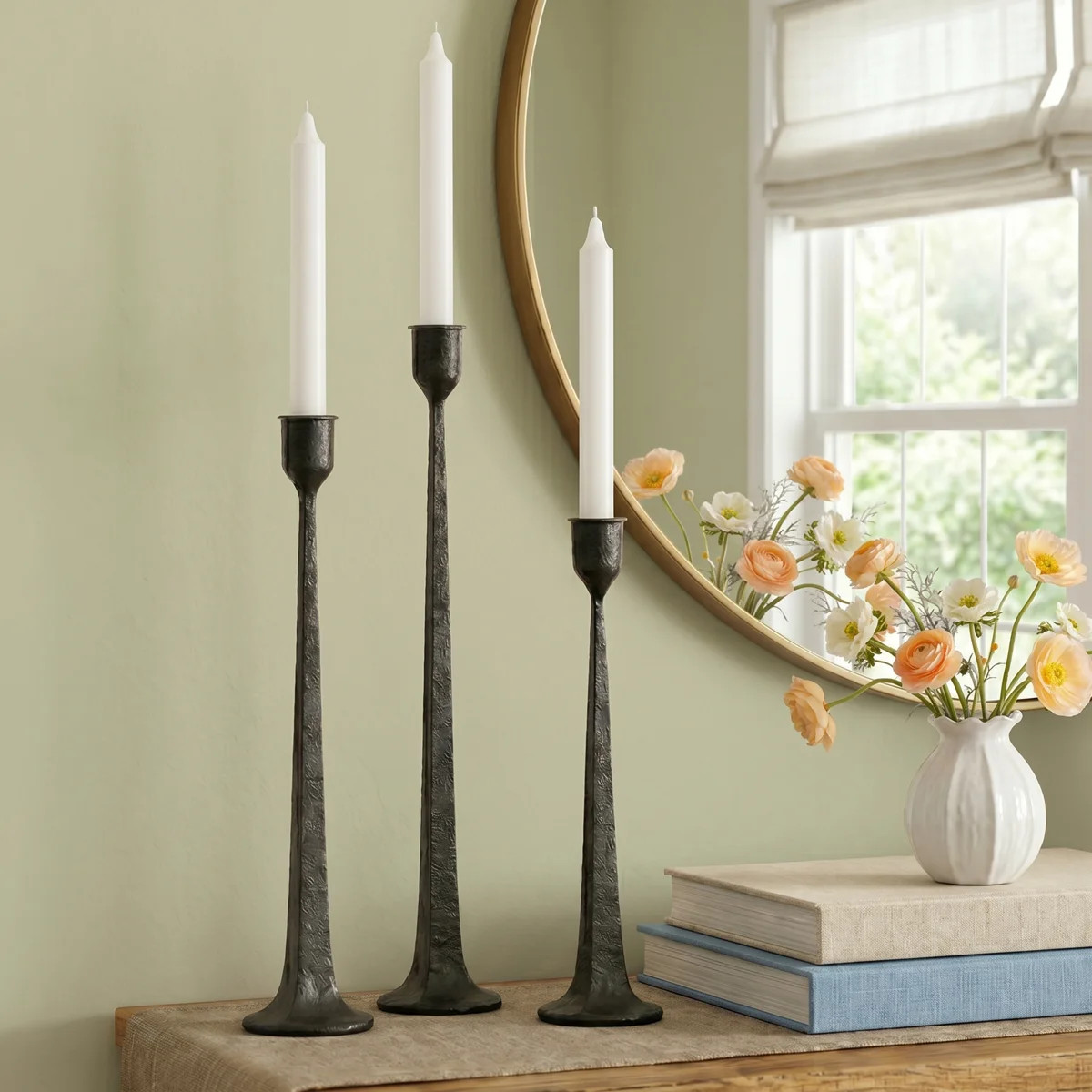 Set of Three Taper Candle Holders, Cast Iron Rustic Farmhouse Table Decor, Black Finish | Wayfair North America