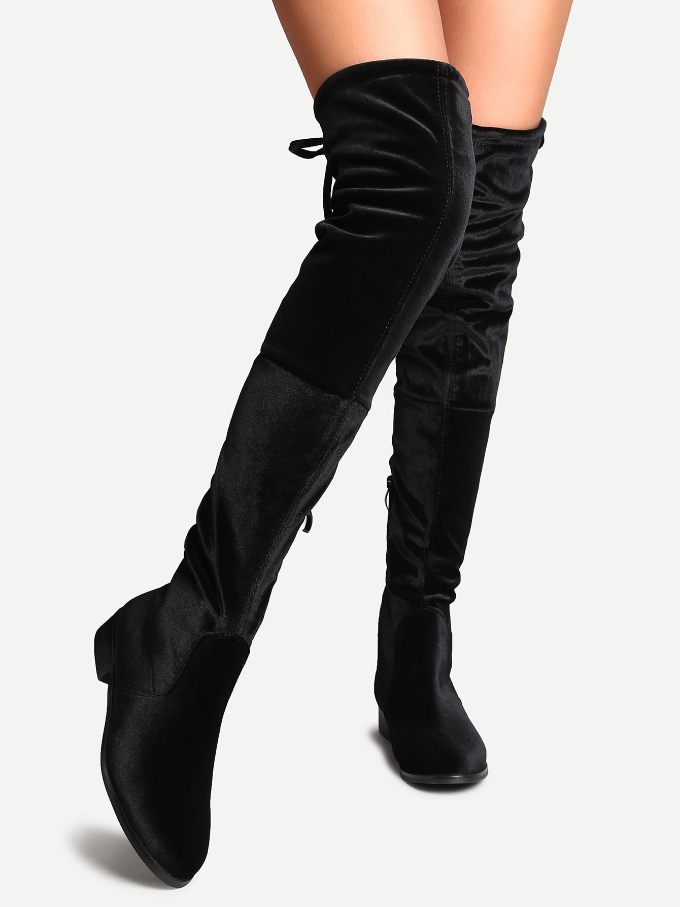 Black Faux Suede Side Zipper Tie Back Over The Knee Boots | SHEIN