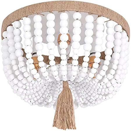 Bohemia Wood Beaded Flush Mount Ceiling Light Antique Rustic Mini Chandelier White Finishing for Bed | Amazon (CA)