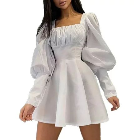 Nokpsedcb Lady A-Line Dress Retro Square Collar Mini Skirt Korean Puff Sleeve Elegant Women Skirt Wh | Walmart (US)