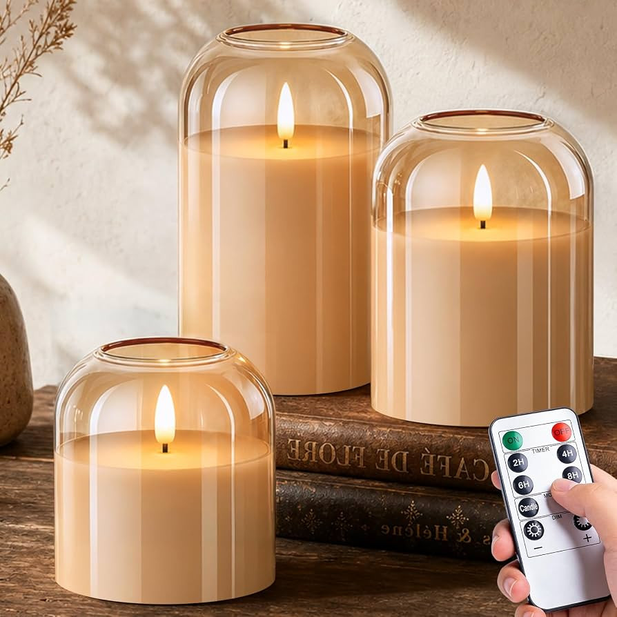 Fall Decorations for Home, Amber Glass Flameless Candles, LED Pillar Candle | Amazon (US)