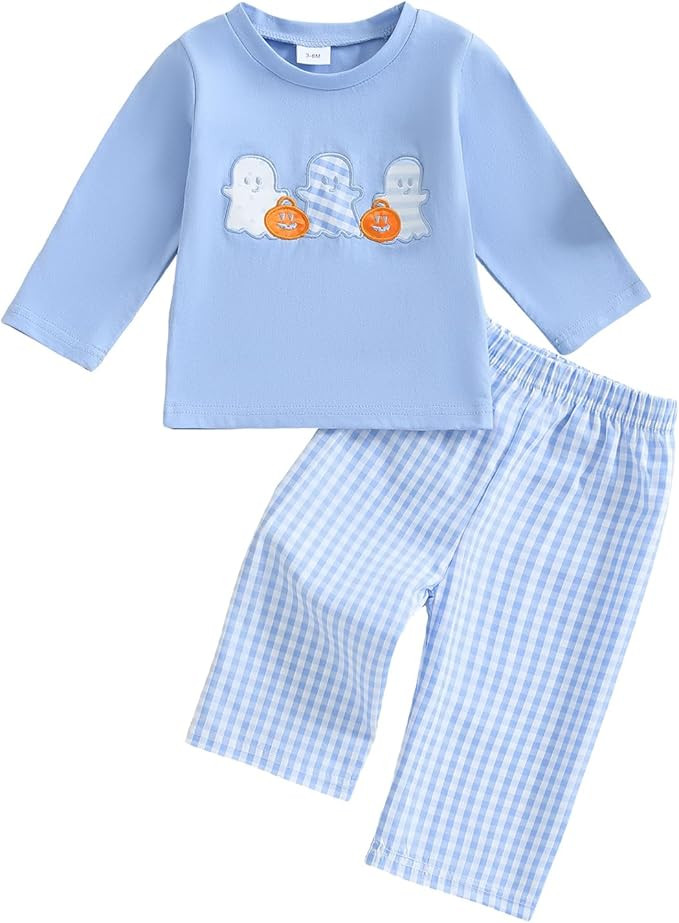 Toddler Baby Boy Halloween Ghost Pumpkin Outfit Long Sleeve Embroidery Tshirt Gingham Pants 2 Pie... | Amazon (US)