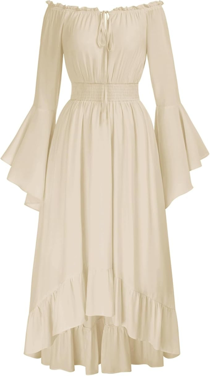 Scarlet Darkness Renaissance Faire Costume Women Off Shoulder Long Bell Sleeve High Low Dress | Amazon (US)