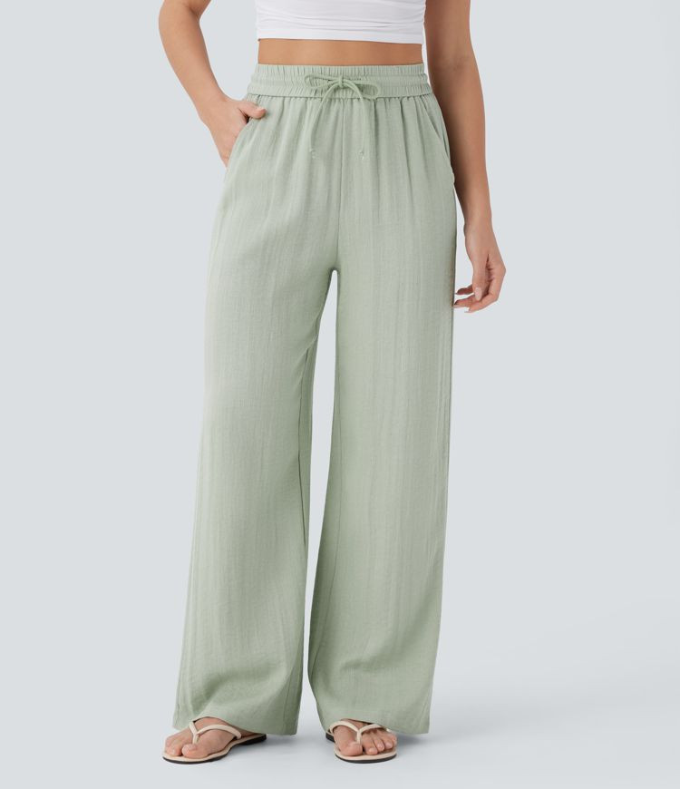 High Waisted Drawstring Pocket Wide Leg Casual Linen-Feel Pants | HALARA