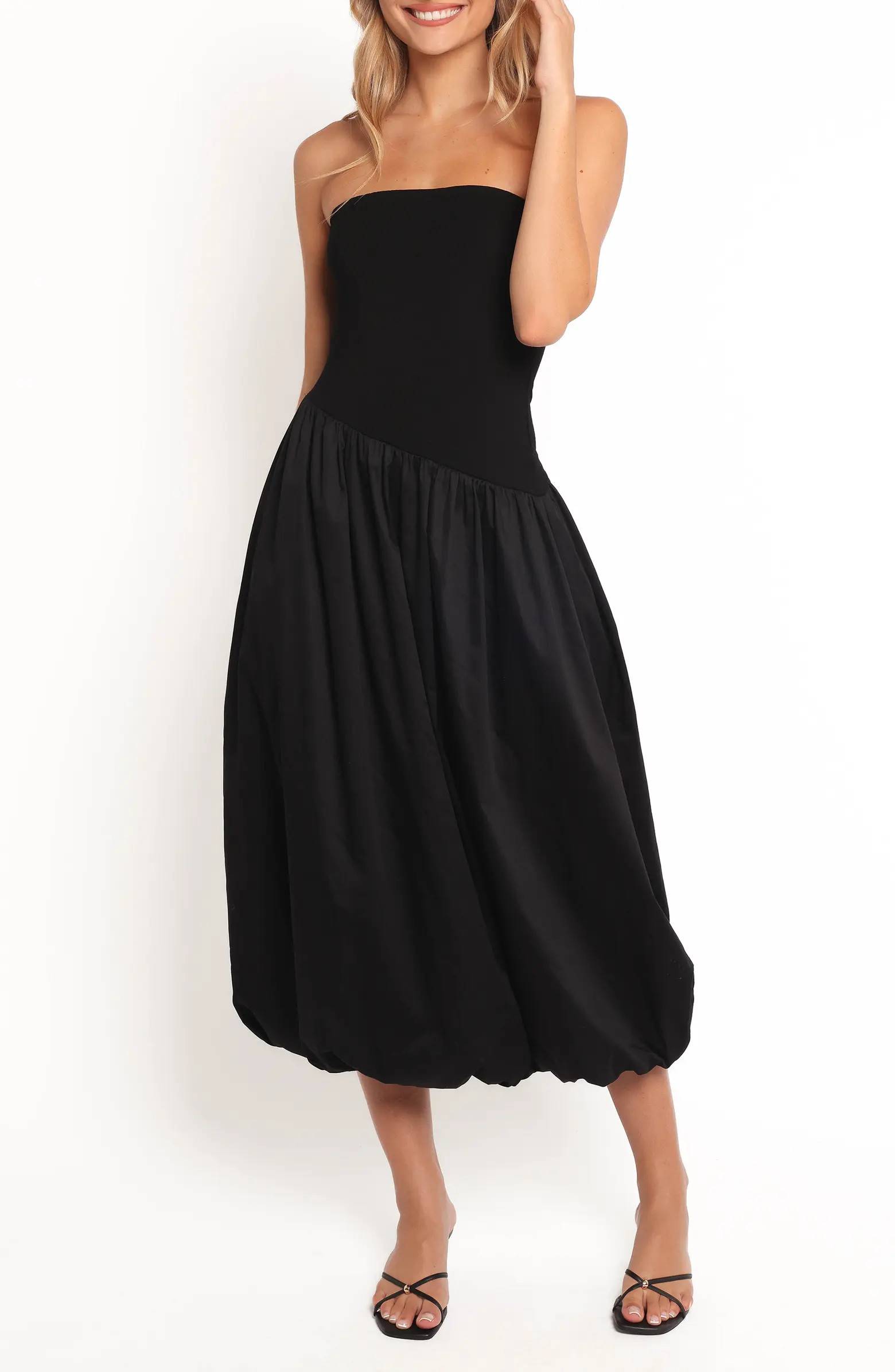 Annalyse Strapless Bubble Hem Mixed Media Midi Dress | Nordstrom