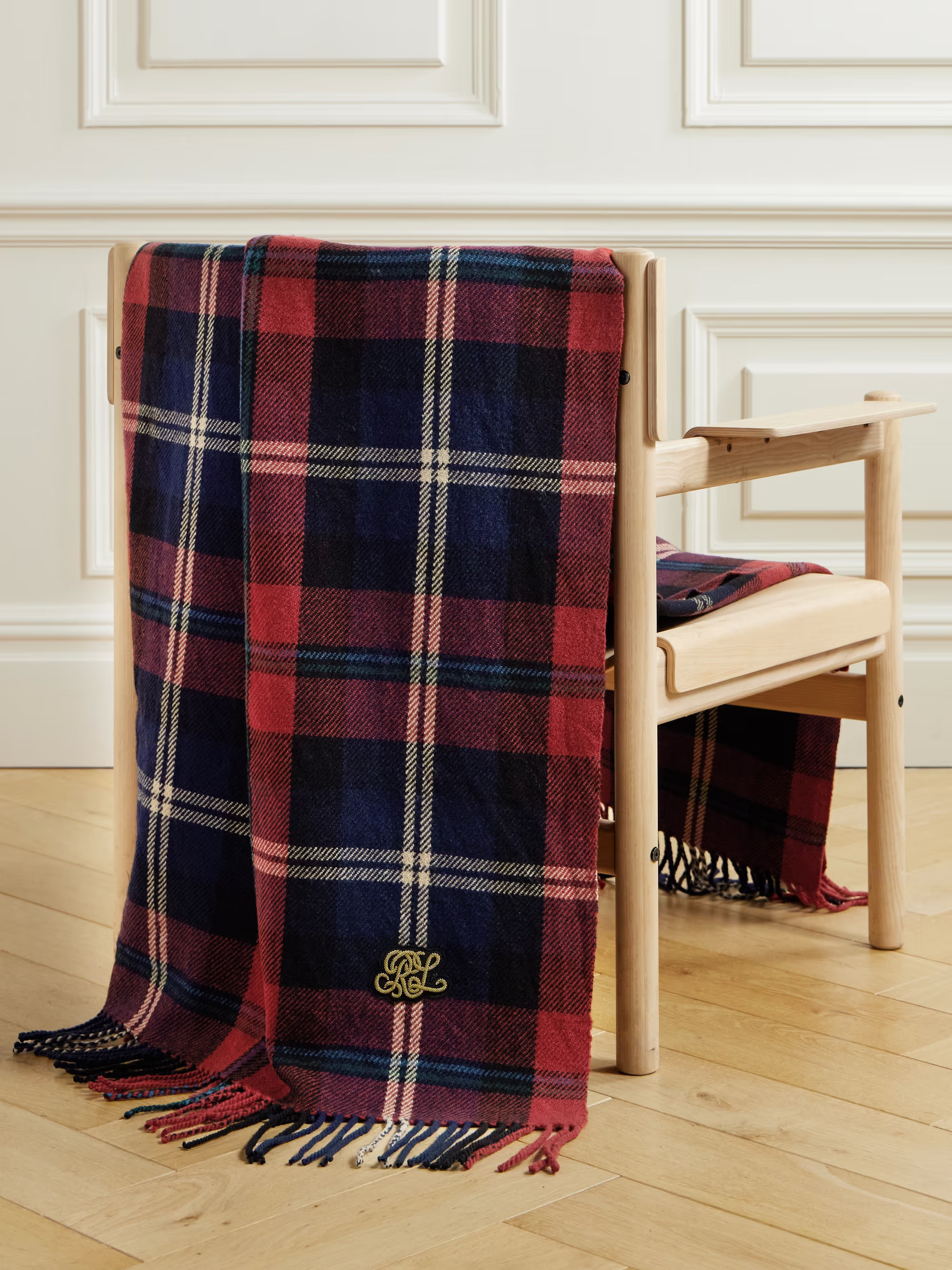 Sheffield fringed embroidered checked wool throw | NET-A-PORTER (US)