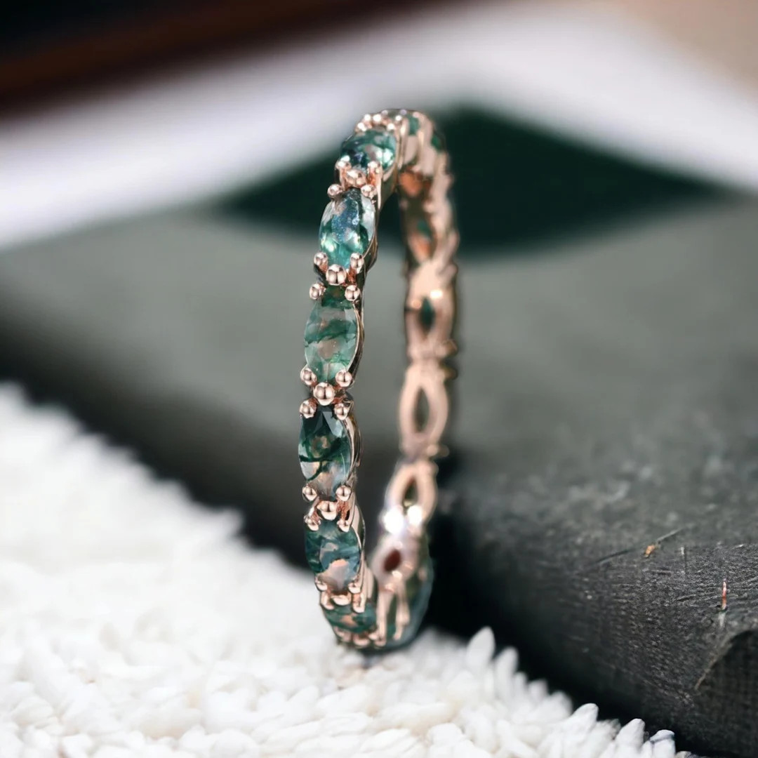 Unique Moss Agate Ring Moss Agate Wedding Band Gold Rings Art Deco Eternity Band Matching Ring fo... | Etsy (US)