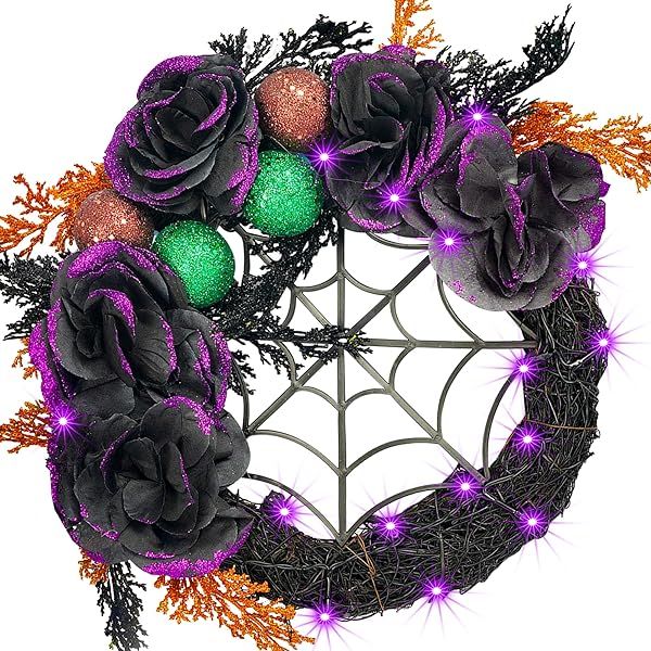 NEROSUN Halloween Wreath for Front Door Decor, 20 LED Light Up Halloween Decorations with Artific... | Amazon (US)