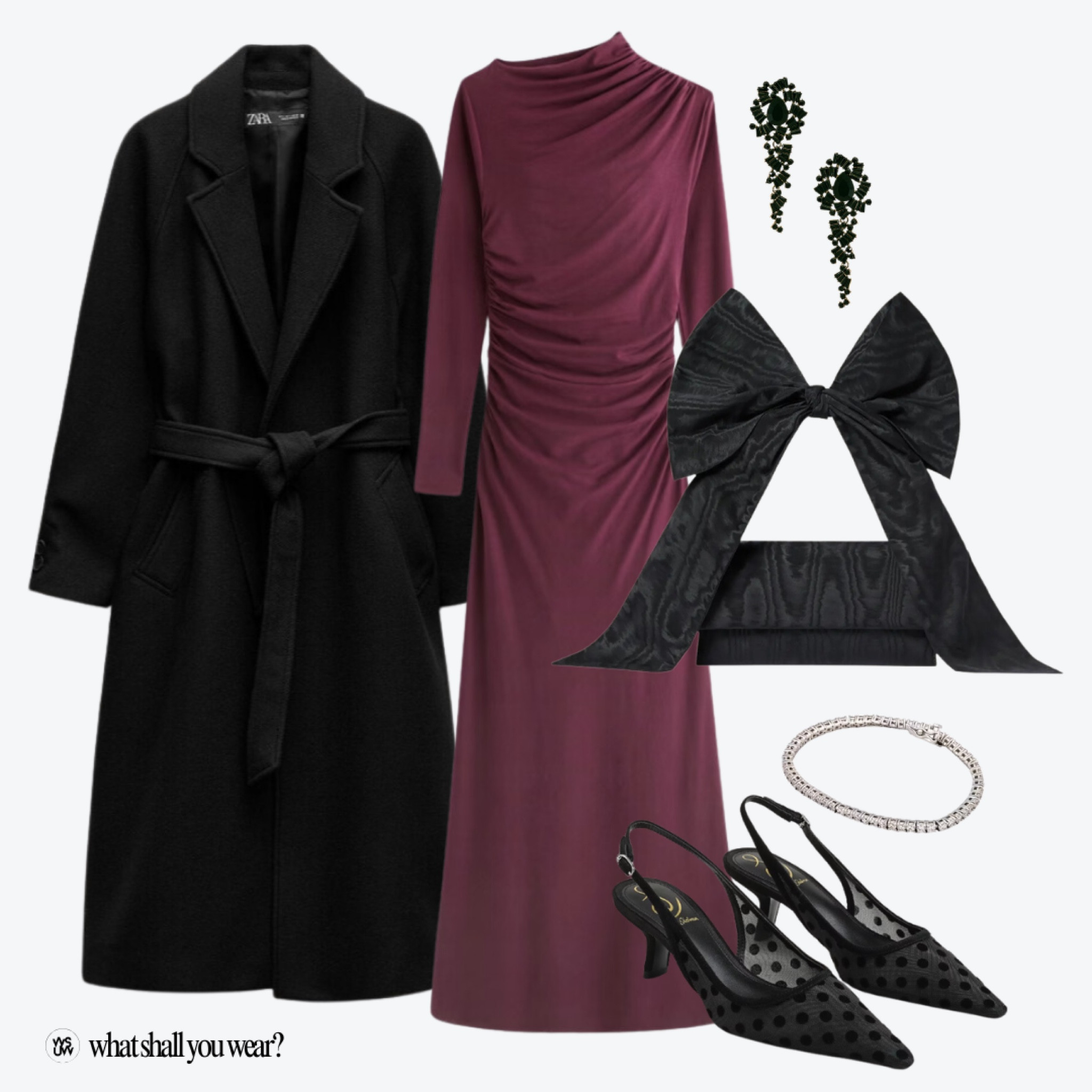 Winter outfit idea, holiday outfit idea, holiday outfit, holiday party outfit, winter party outfit, wine dress, maxi dress, winter dress, wool coat, polka dot heels, sling back heels, winter heels, bow purse, black purse, black earrings, statement earrings, tennis bracelet, Christmas outfit 

#LTKHoliday #LTKItBag #LTKShoeCrush