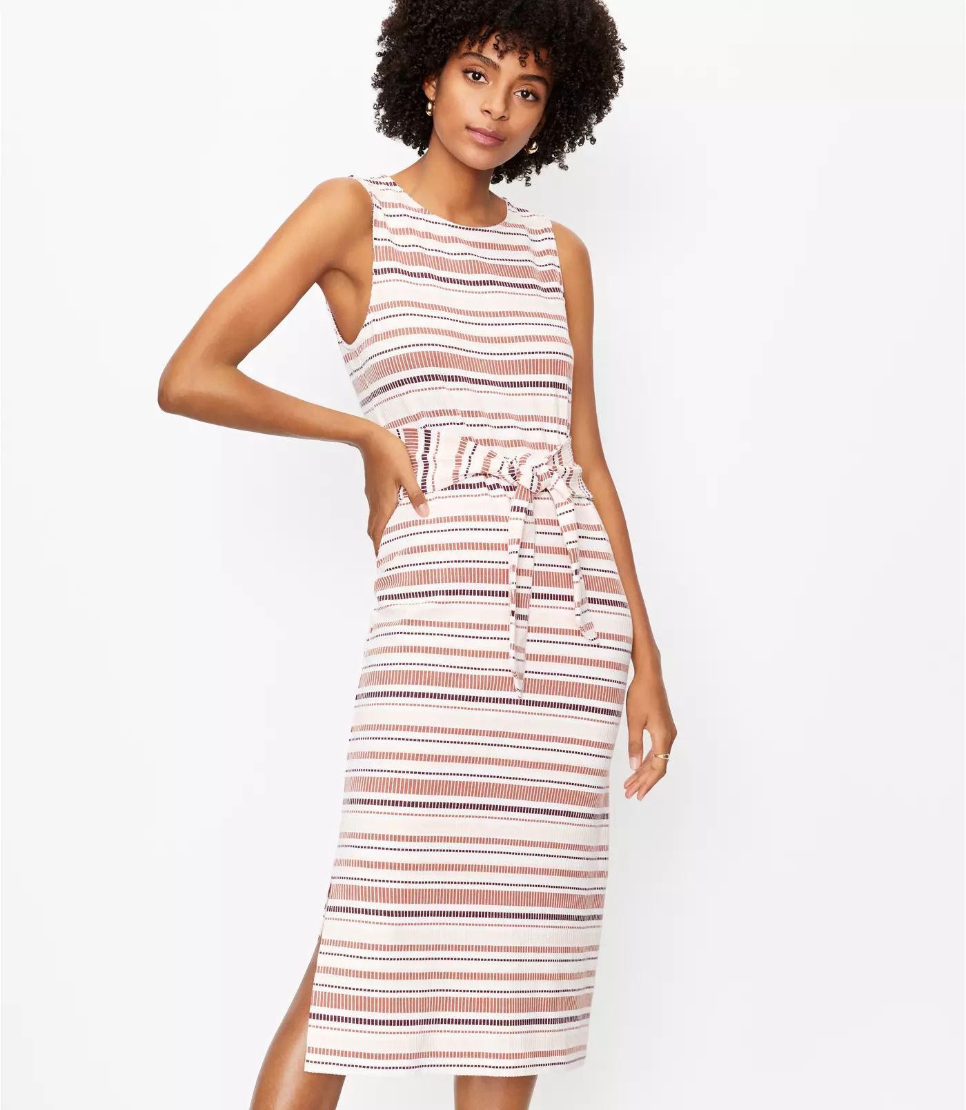 Petite Striped Tie Waist Midi Dress | LOFT