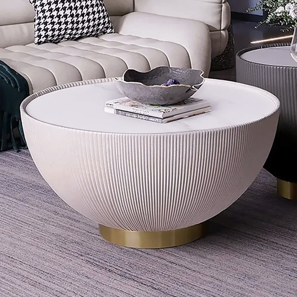 Round Sintered Stone Top Drum Coffee Table with Beige PU Leather Around and Stainless Steel Base | Homary