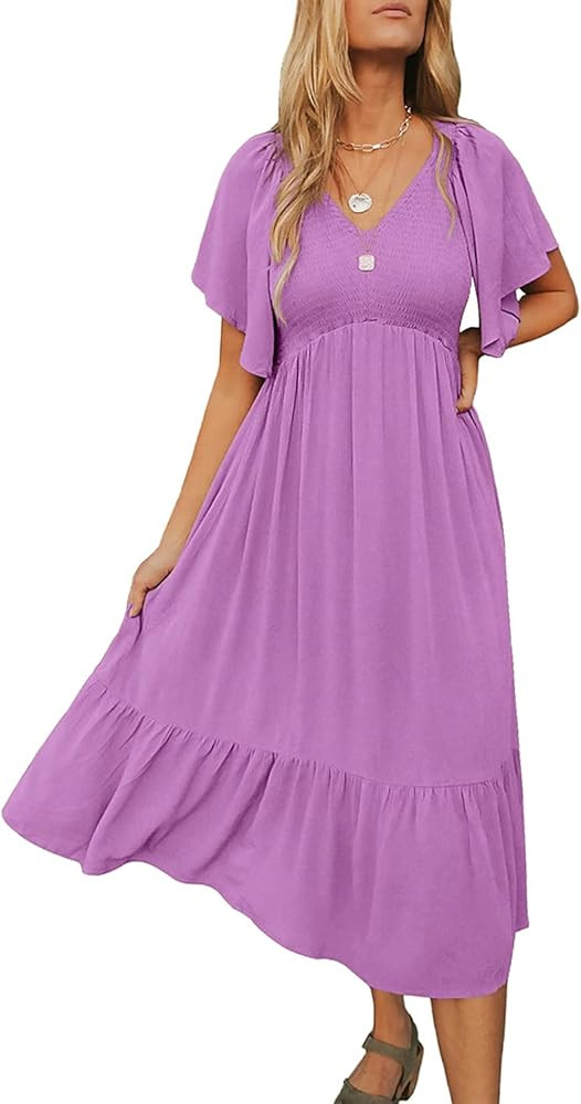 Zattcas Womens Short Flutter Sleeve V Neck Smocked Ruffle Midi Tiered Dress | Amazon (US)
