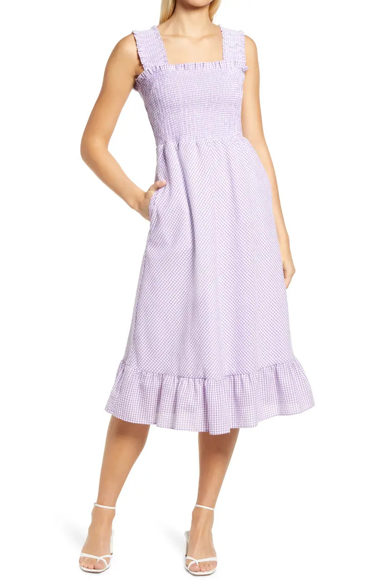 Smocked Gingham Seersucker Midi Sundress | Nordstrom Rack