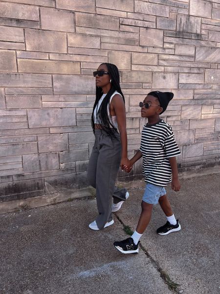 Mother's Day: trousers and cotton crop top, new balance Sneakers. Boys stripe shirt, denim shorts, and new balance sneakers 

#LTKkids #LTKfamily #LTKstyletip