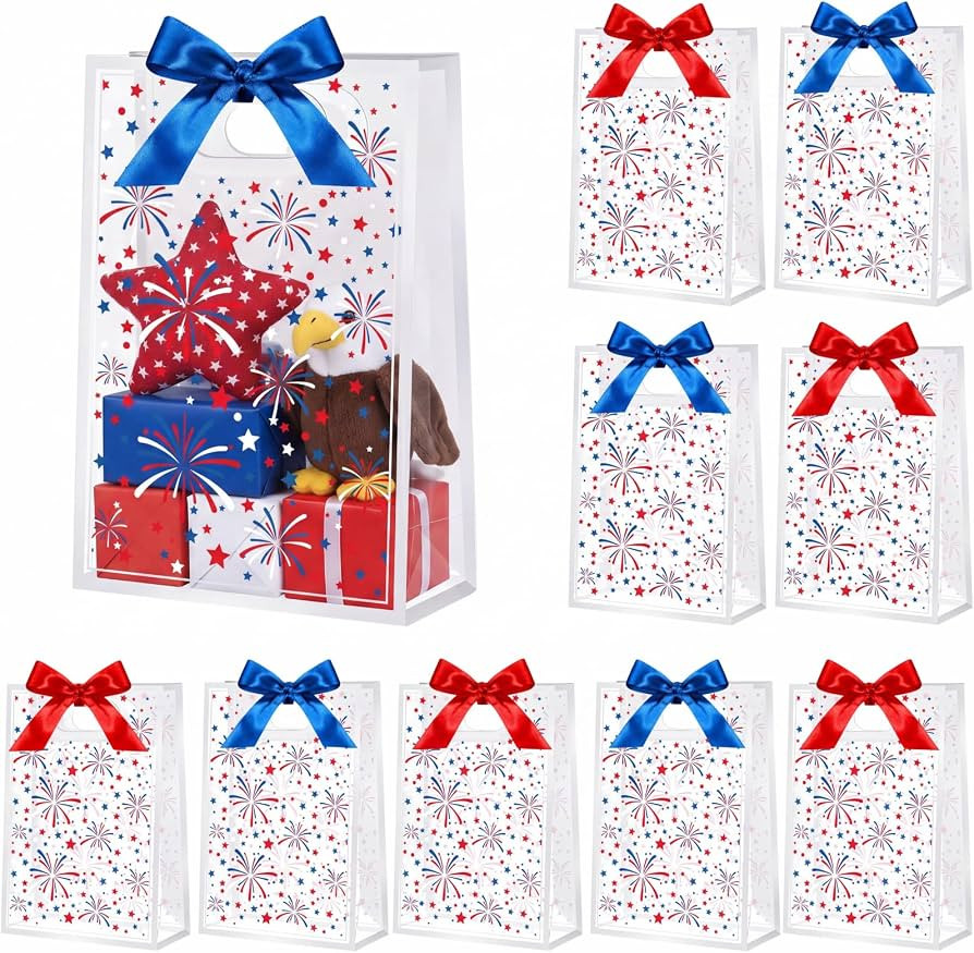 Tallew 12 Pcs 4th of July Clear Gift Bags with Ribbons, Patriotic Party Favor Bags with Handles f... | Amazon (US)