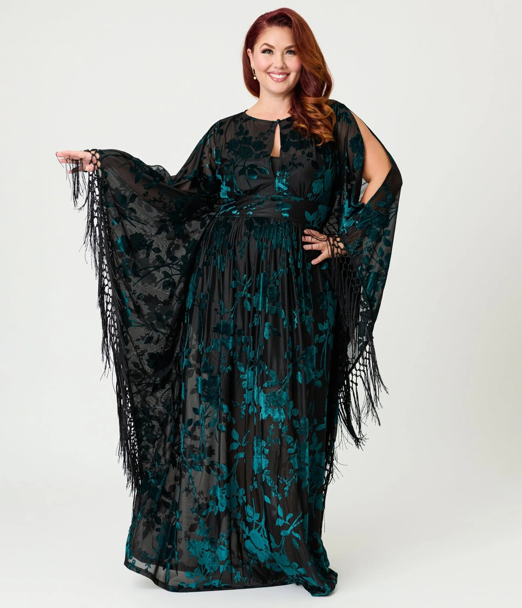Unique Vintage Plus Size Black & Teal Floral Velvet Burnout Flutter Sl | UniqueVintage