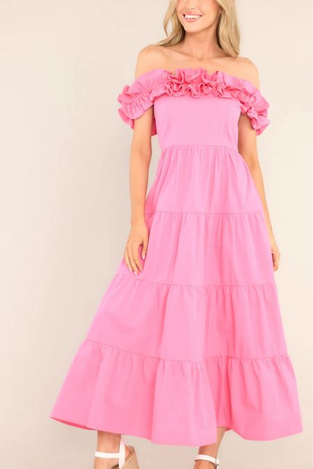 Pink strapless ruffle top maxi dress, wedding guest dress, vacation dress 

#LTKSeasonal #LTKfindsunder100