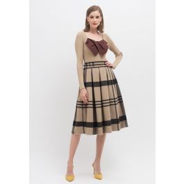 Grid Print Wool-Blend Pleated Midi Skirt | Chicwish