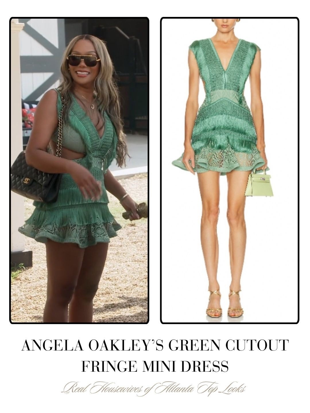 Angela Oakley’s Green Cutout Fringe Mini Dress