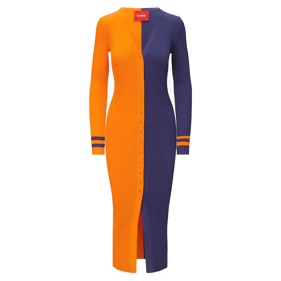 Women's Denver Broncos STAUD Orange/Navy Shoko Knit Button-Up Sweater Dress | NFL Shop