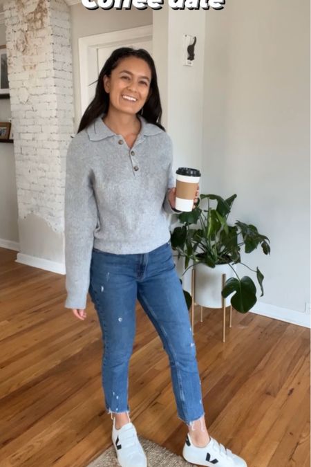Crop polo sweater. Abercrombie jeans. Abercrombie denim. Velcro sneakers. Veja sneakers. White sneakers. Tennis shoes. Casual outfit ideas. Fall outfit idea. Nordstrom sweater. 

Top: small TTS 
bottoms: curve love 2 petite 
Shoes: TTS 6 

#LTKstyletip #LTKSeasonal #LTKtravel