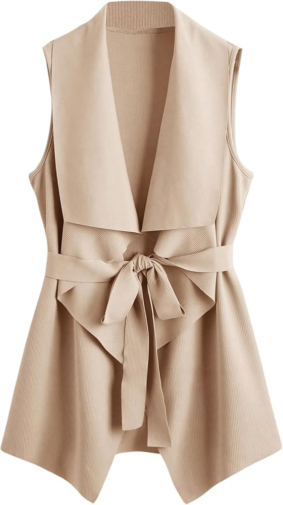 MakeMeChic Women's Open Front Long Vest Waterfall Collar Sleeveless Belted Work Jacket Outerwear | Amazon (US)