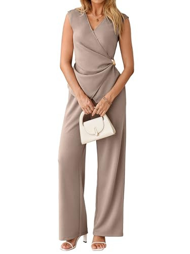 Glamaker Women's 2 Piece Outfits Summer V Neck Sleeveless Wrap Ruched Top and Wide Leg Pants Busi... | Amazon (US)