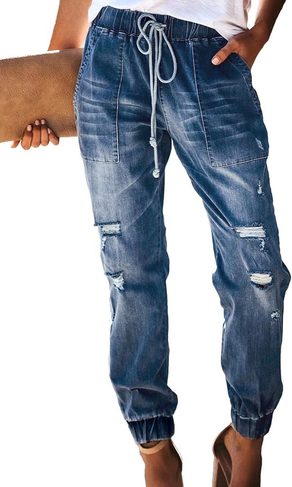 Women Drawstring Elastic Waistband Loose Pants Jogger Denim Jeans | Amazon (US)