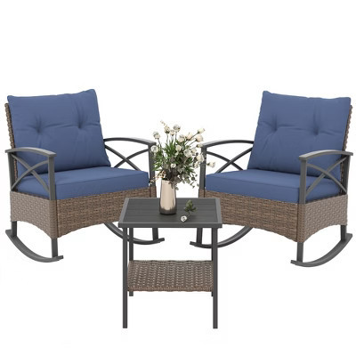 Outsunny 3 Piece Rocking Chair Bistro Set, Outdoor Wicker Porch Conversation Set with 2 Rockers, Table, Tufted Cushions for Garden, Dark Blue | Target
