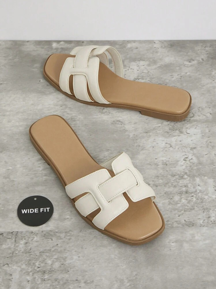 SHUZIA Wide Fit Women's Luxury-Inspired Padded Woven Upper Open Toe Flat PU Beige Slide Sandals- ... | SHEIN