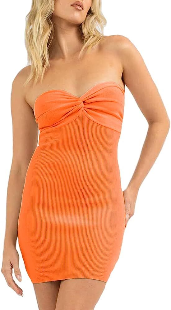 Sdencin Women Sexy Twist Knot Front Ribbed Knit Bodycon Bandeau Tube Mini Dress Solid Strapless S... | Amazon (US)