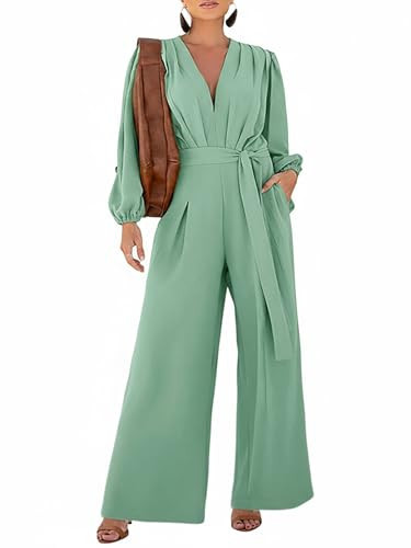 CHICME Women’s 2025 Elegant Long Puff Sleeve Jumpsuit Deep V Neck Tie Waist Casual Wide Leg Pants Romper with Pockets for Casual Dressy Occasions-Light Green-XL | Amazon (US)