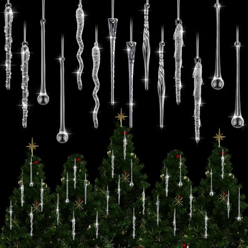 Vercraft 32 Pack Christmas Clear Glass Icicle Ornament Christmas Tree Decoration Crystal Xmas Hanging Icicle Winter Decoration for Christmas Holiday and Home Party Decor | Amazon (US)