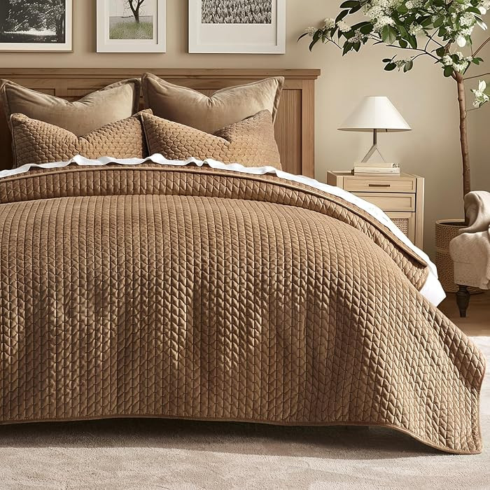 Cross-Stitch Velvet Quilt Set, King Size, Tobacco Brown | Amazon (US)
