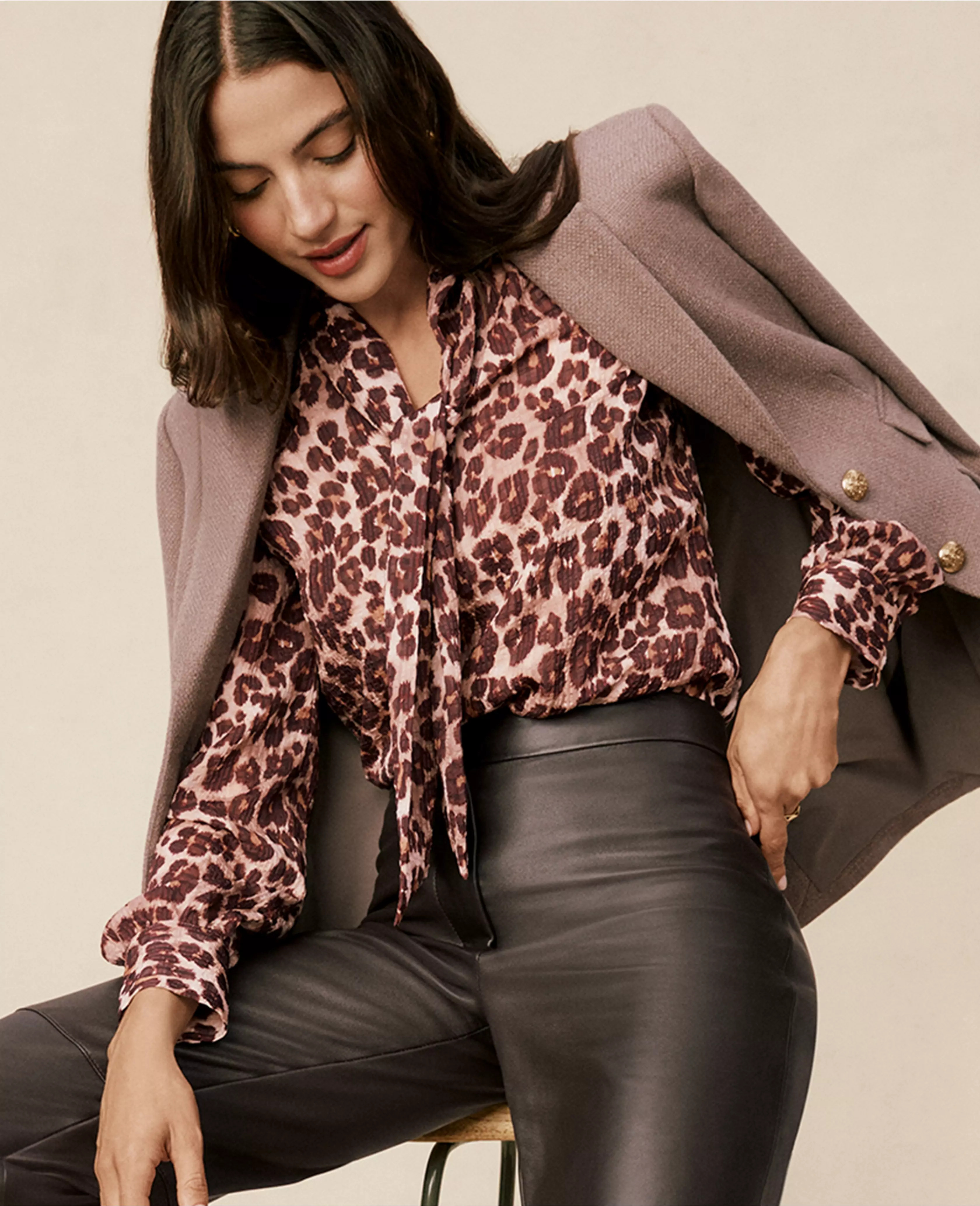 Animal Print Tie V-Neck Popover | Ann Taylor