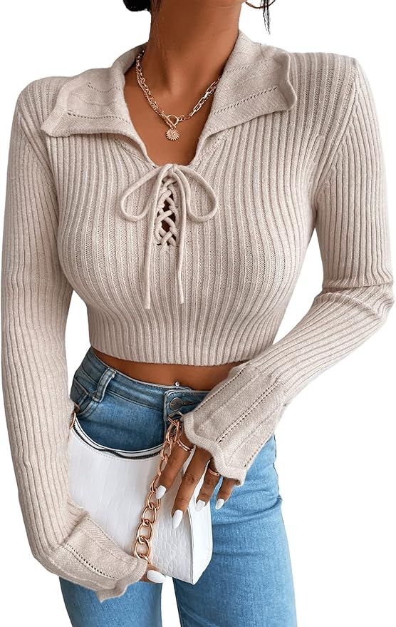 SweatyRocks Women's Long Sleeve Collared Tie Front Crop Crop Sweater Lace Up Slim Fit Crop Top Bl... | Amazon (US)