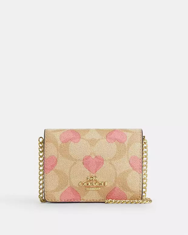 Boxed Mini Wallet On A Chain In Signature Canvas With Heart Print | Coach Outlet US