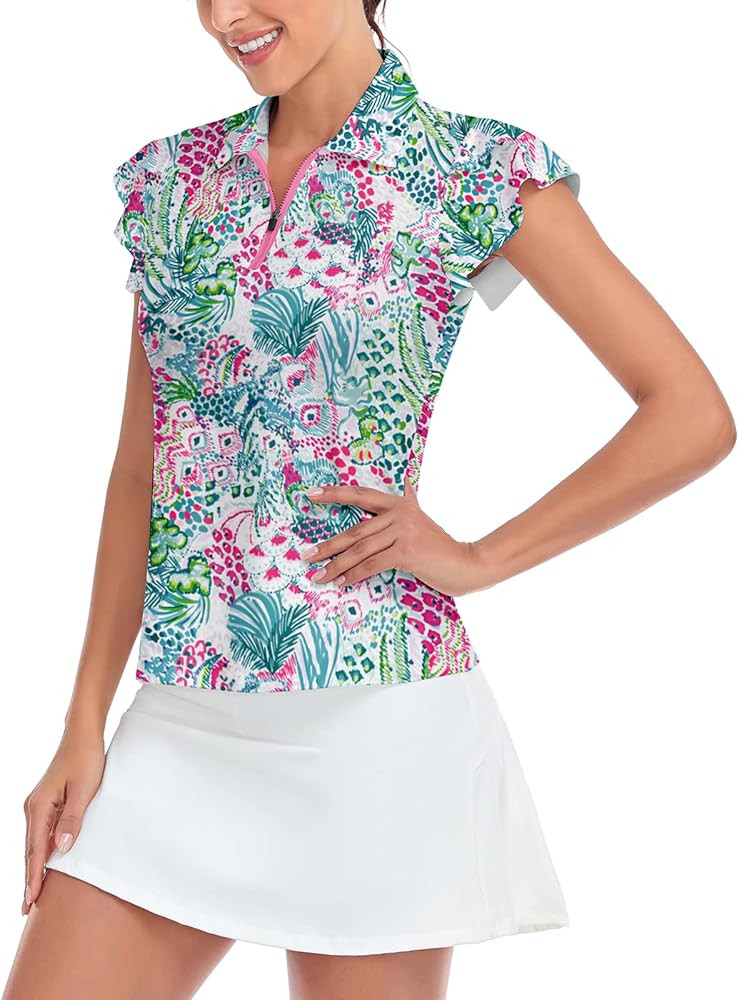 Soneven Womens Petal Sleeve Golf Shirts Moisture Wicking Lady Golf Apparel Print Tennis Sport T S... | Amazon (US)